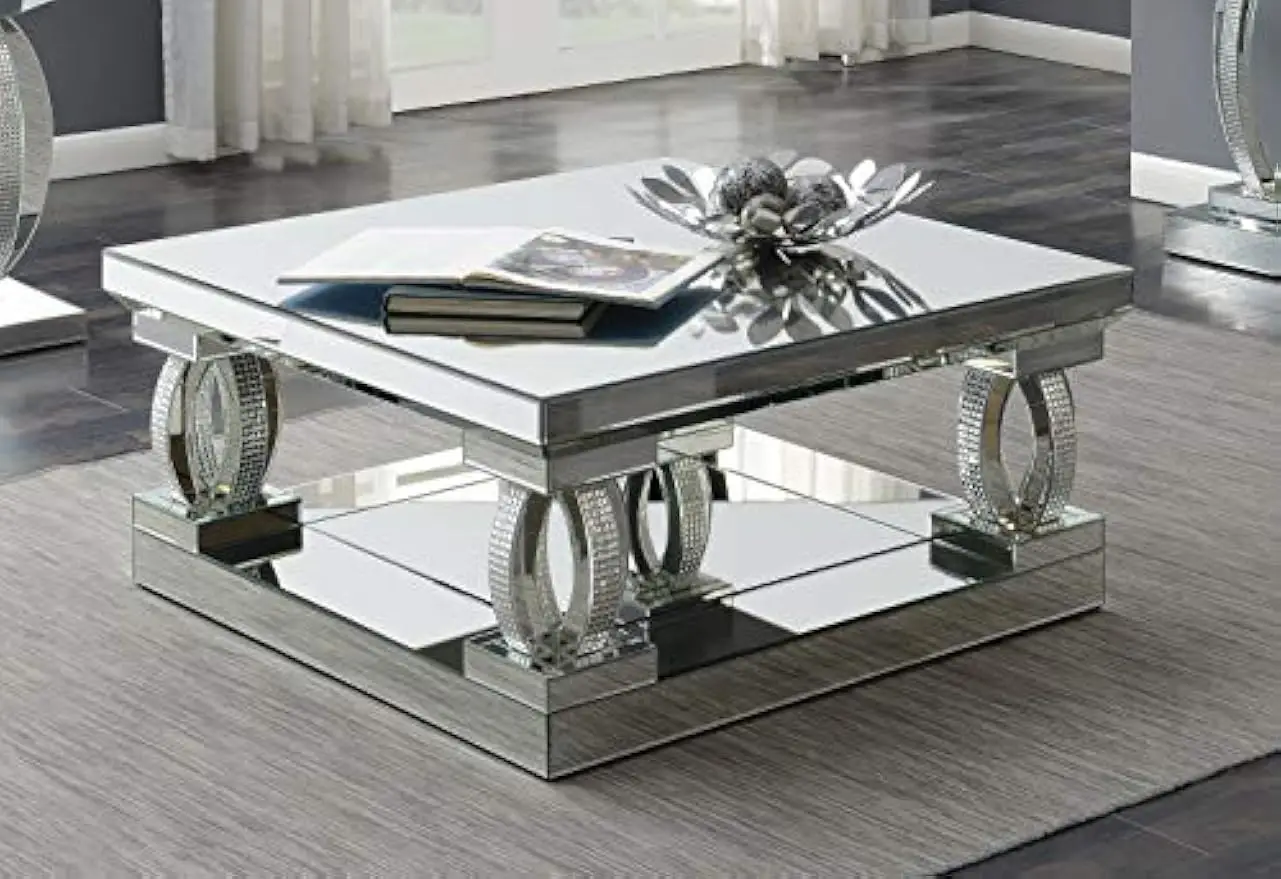 Square Mirrored Cocktail Living Room Sofa Coffee Table Glam Acrylic Crystal Legs with Bottom Shelf No Assembly Clear Mirror