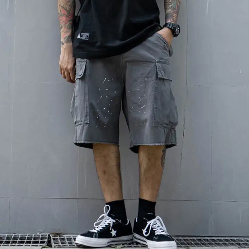 Men's Casual Functional Multi-pocket Washed Raw Edge Cargo Shorts Anime Pants Cool Men's Fashion Sweatshorts