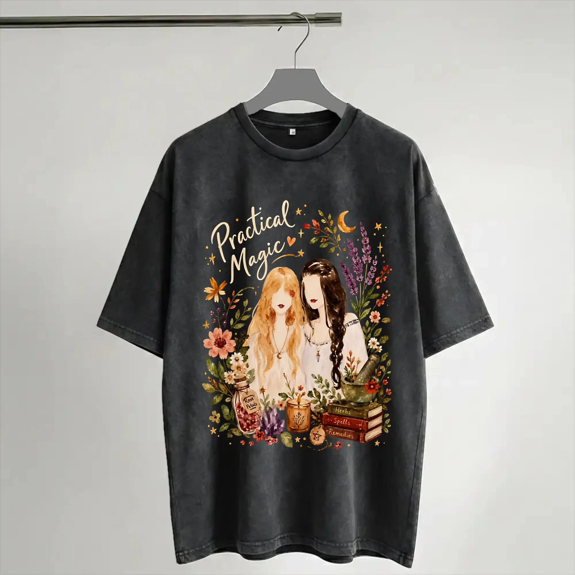 Harajuku Washed Shirt Practical Magic Witchcraft Witches Spellbook Herbalism T Shirt Oversize  Streetwear Short Sleeve