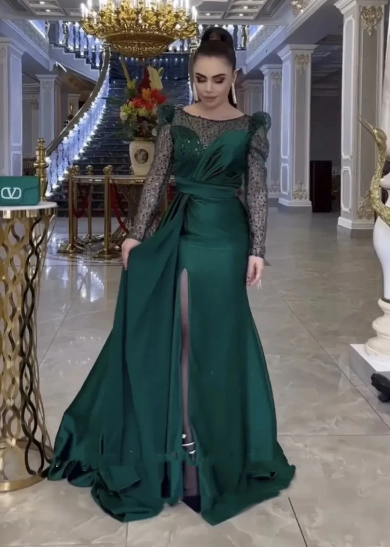 Romantic Green Satin Evening Dresses O-Neck Glitter Long Sleeves Satin Custom Made Mermaid Party Prom Gown Vestidos De Noche