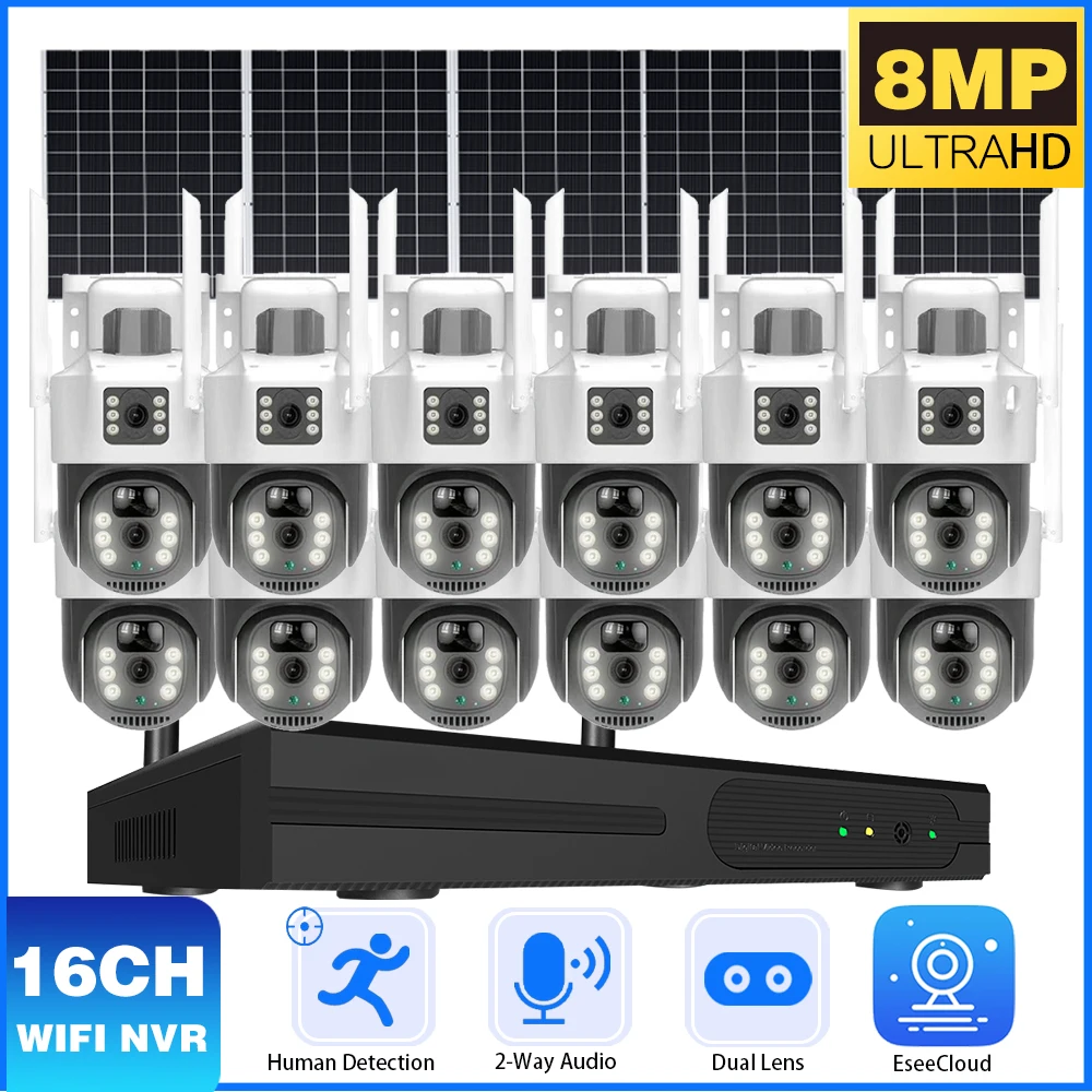 

4K 8MP Solar Power Battery Charged Wifi PTZ IP Cameras Kit 8MP 16CH Wireless NVR Kit Two-way Audio CCTV Security Cam System ﻿