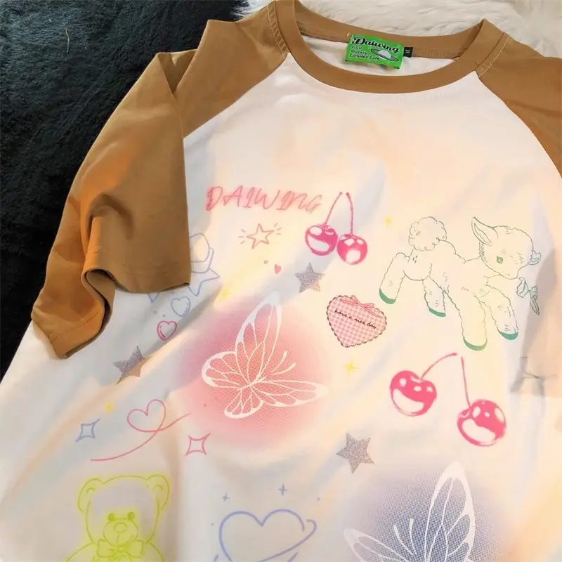 Sweet Girls Cute Kawaii Doodle Print Raglan T-Shirt Women | 100% Cotton Casual Graphic Tee with Cherry, Butterfly & Lamb Design