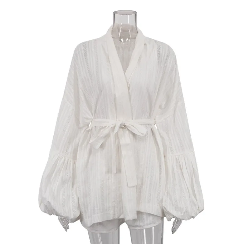 2026 New Women's Casual Suit Elegant Cotton Strap Loose Long Sleeve Cardigan  Shorts Two Piece Set Leisure Breathable L Size