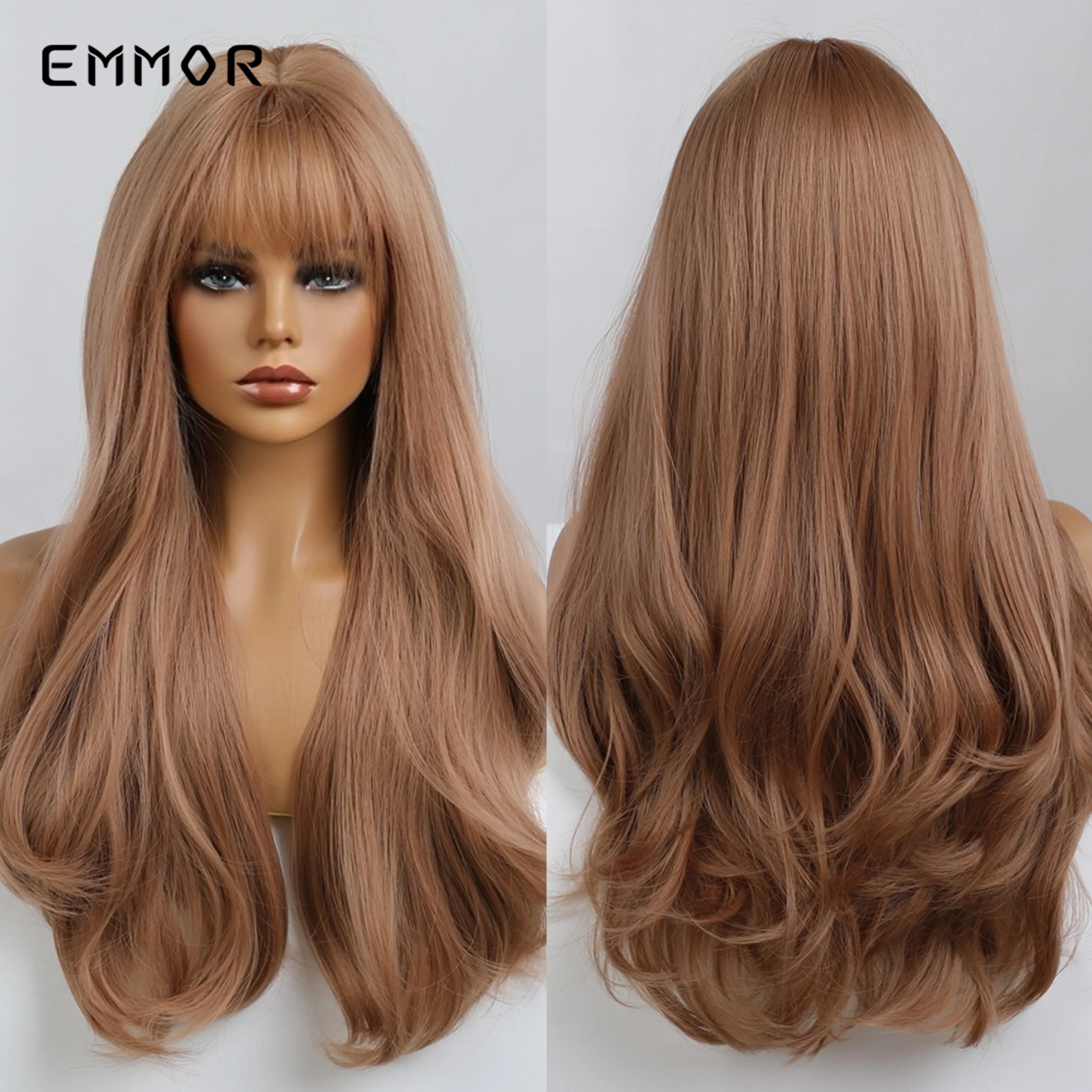 Emmor Copper Long Brown Wig Synthetic Wavy Wigs with Bangs for Women Halloween Cosplay Party Use Heat Resistant Fiber Hair Wig