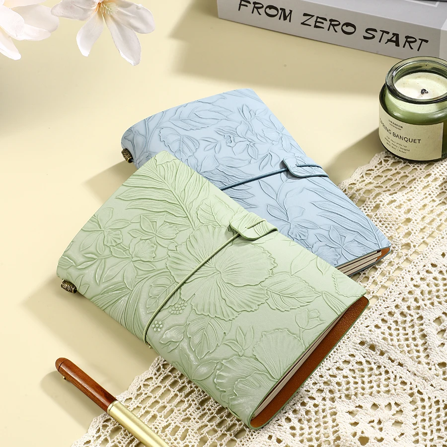 A6 Portable Travel Journal 3D Embossed Floral PU Leather Notebook with Elastic Strap Lined Grid Blank Inner Pages