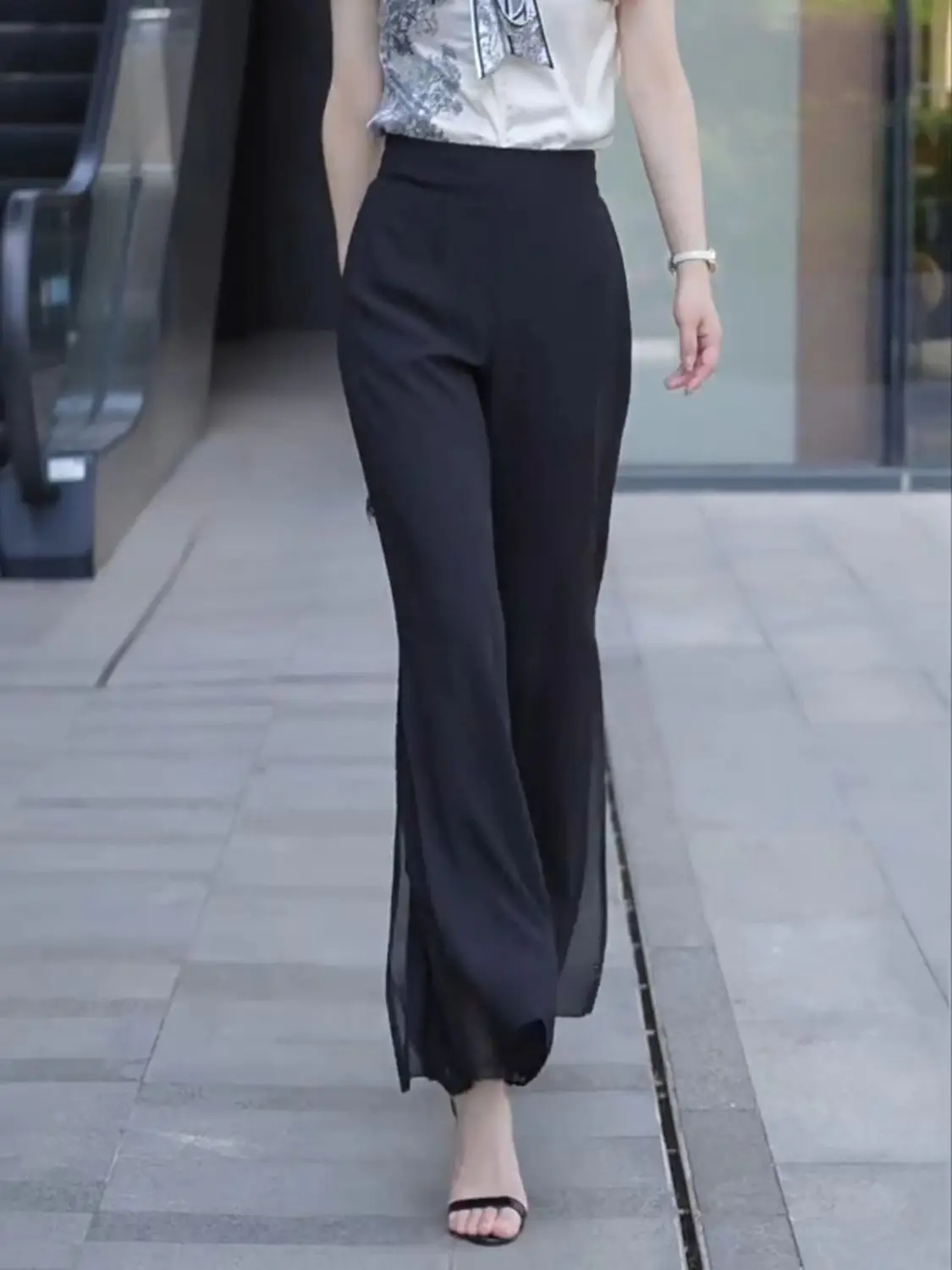 High Slit Solid Black Loose Yoga Pants Elegant and Fashionable Women's Street Wear Wide Leg Pants Women's Side Sewn Clothes W36