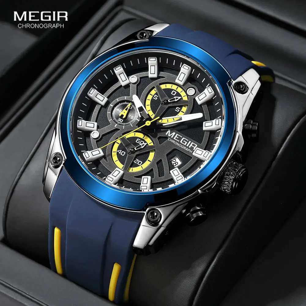 MEGIR Men\'s Military Sport Watches Men Waterproof Fashion Blue Silicone Strap Wristwatch Man Luxury Top Brand Luminous Watch