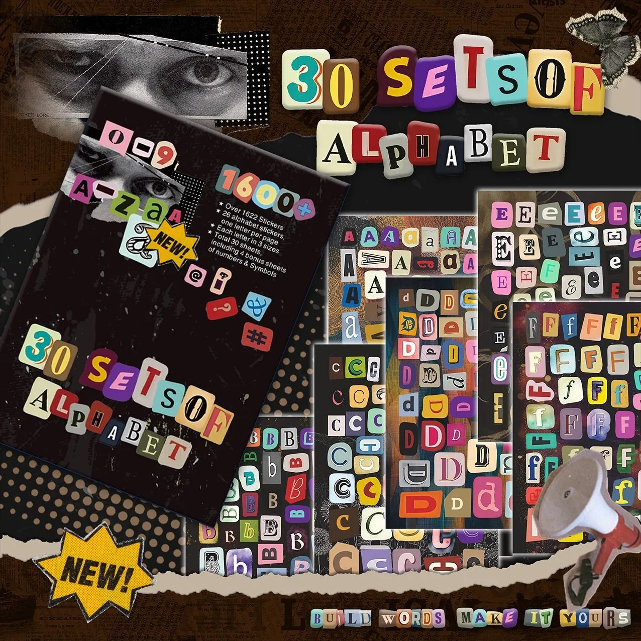 30‑Sheet Boxed Set, 1600 Pcs English Letter & Number Stickers, Waterproof Decorative Decals for Journaling & Creative Collage