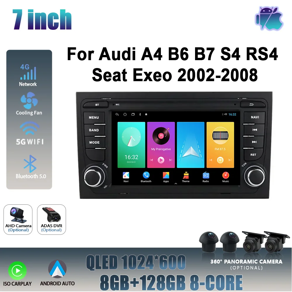 Android 14 For Audi A4 B6 B7 S4 RS4 Seat Exeo 2002-2008 Head Unit WIFI Wireless Carplay Car Radio Multimedia Navigation Player 