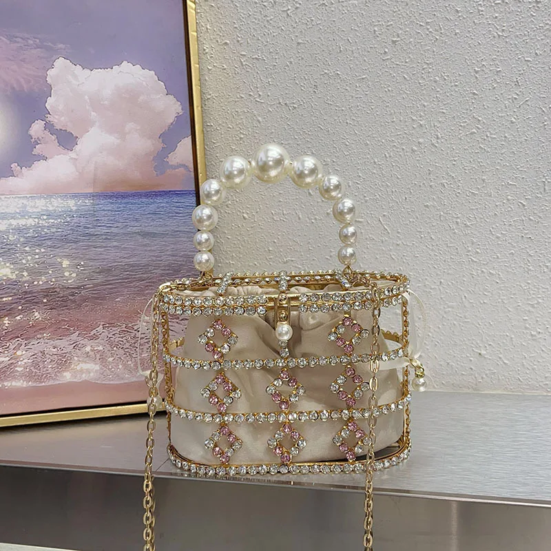 

Metal Cage Bag Hollow Out Women's Handbag Crystal Shiny Rhinestone Diamond Evening Bag Wedding Party Clutch Purse Crossbody Bag