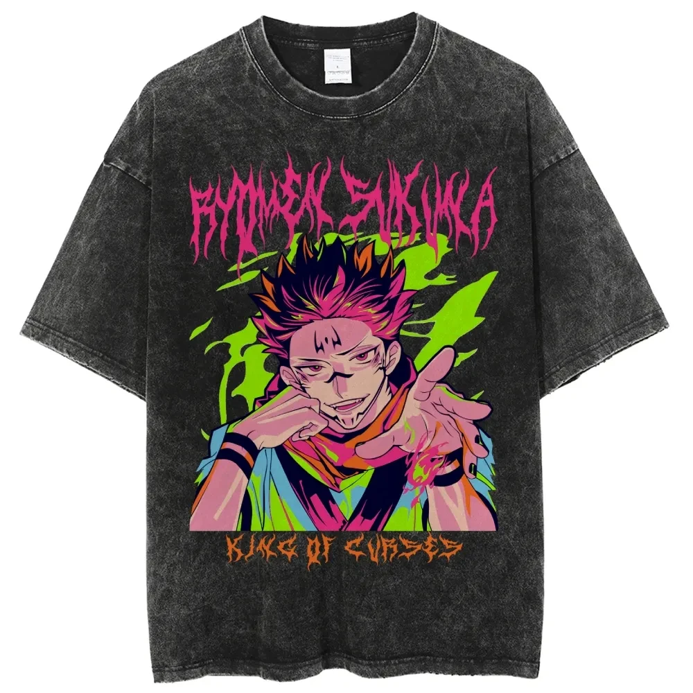 

Футболка Ryomen Sukuna King of Curses Jujutsu Kaisen с неоновым принтом, винтажная, оверсайз, в стиле ретро, Harajuku, мужская, уличная одежда, топ