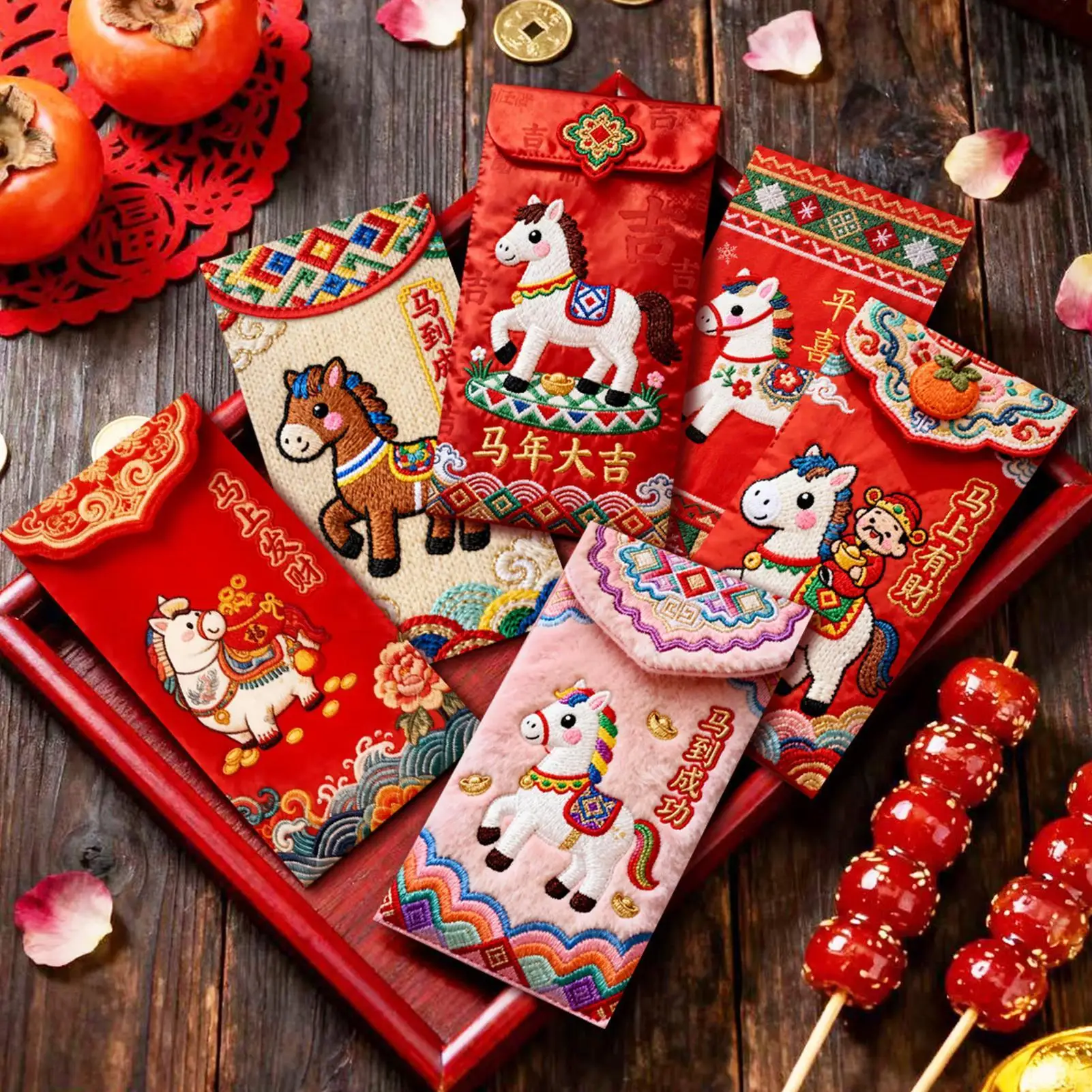 Imagen 7: Paquete rojo bordado Hong Bao de buena suerte, bolsa de dinero de la suerte tradicional china, sobres rojos de Año Nuevo 2026 caballos, 6 uds.