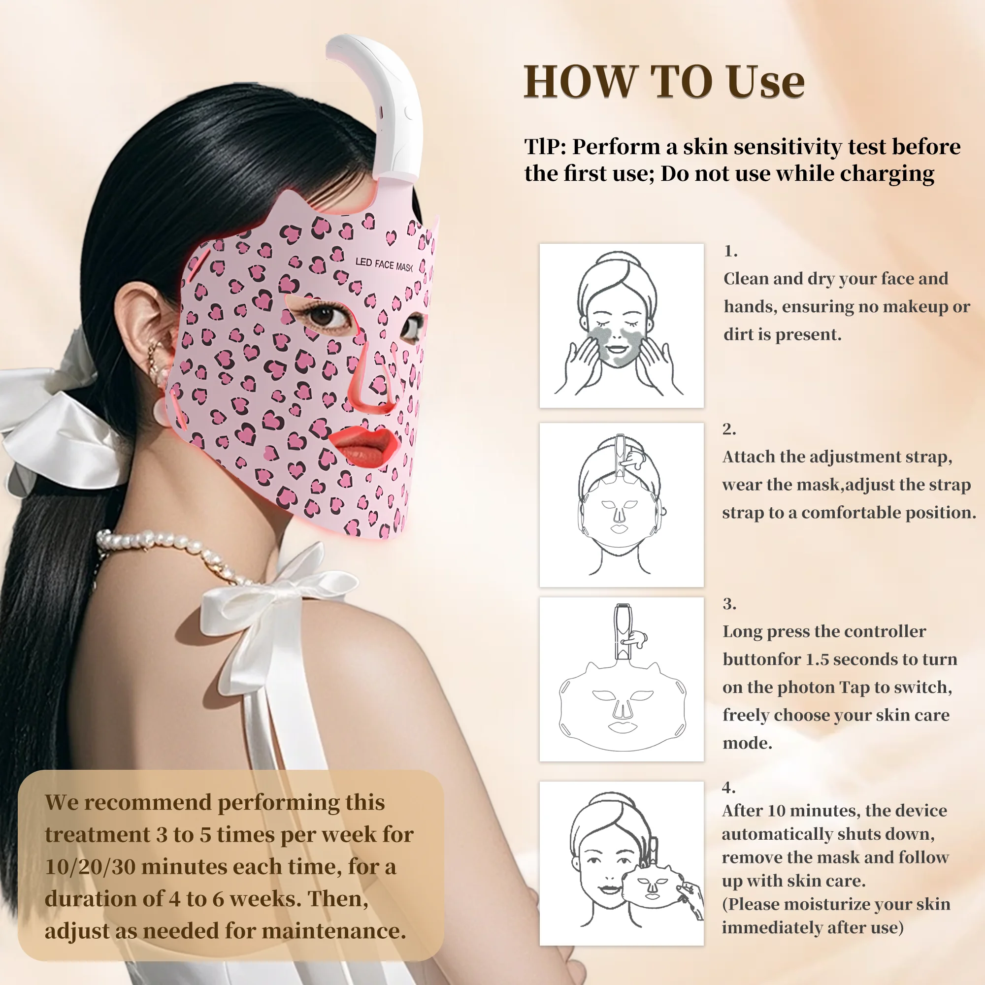 猫耳 LED 光療法マスク 5050 ビーズ 3 モード (赤/紫/オレンジ+赤外線) 10 分自動オフ タイプ C 充電器