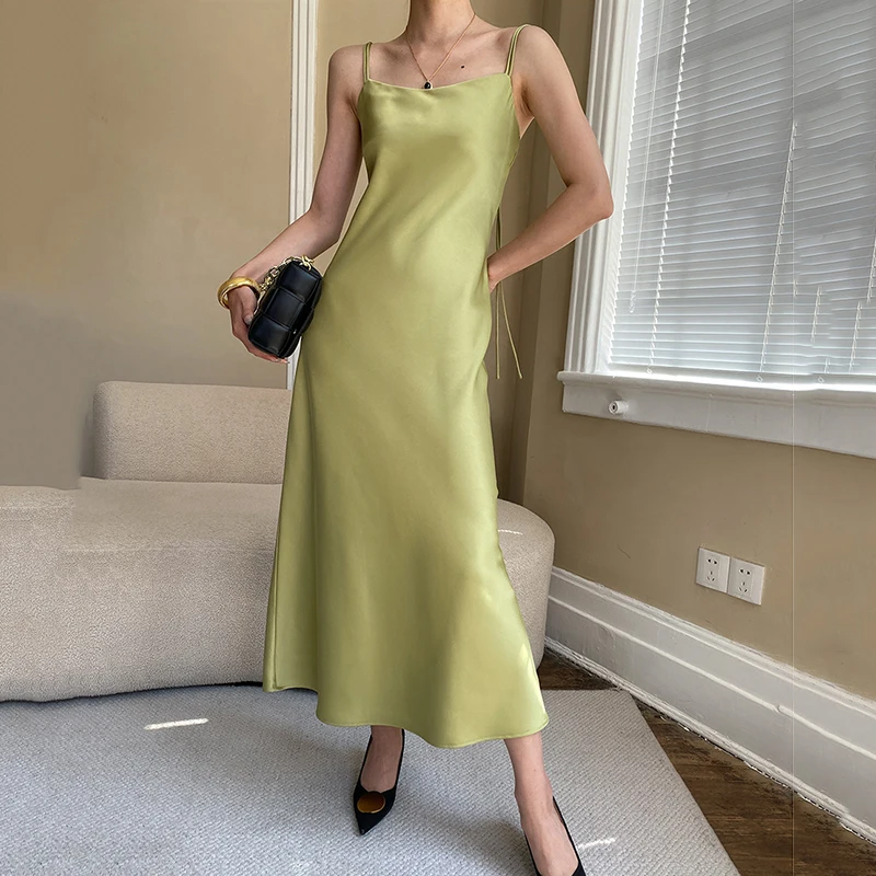 女性のエレガントシックなロングドレスフレンチファッションサテン背中の開いたジッパーハイウエストドレス夏 Lades Vestidos パラ Mujer