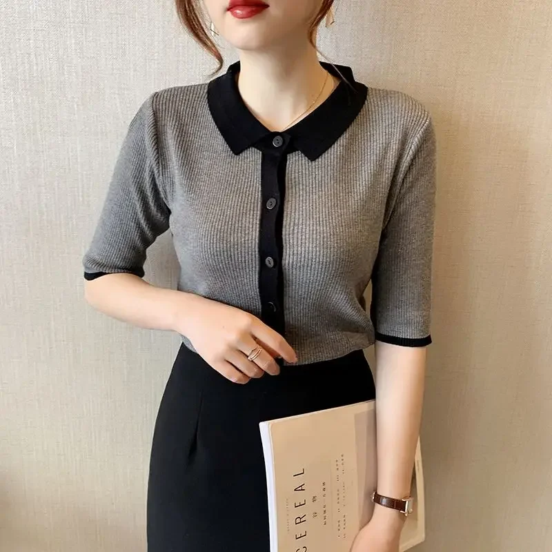 White Polo Neck Shirt Knit Top Women's T Shirts Clothes Grey Short Sleeve Tee Plain Korean Style Luxury Polyester Synthetic Sale