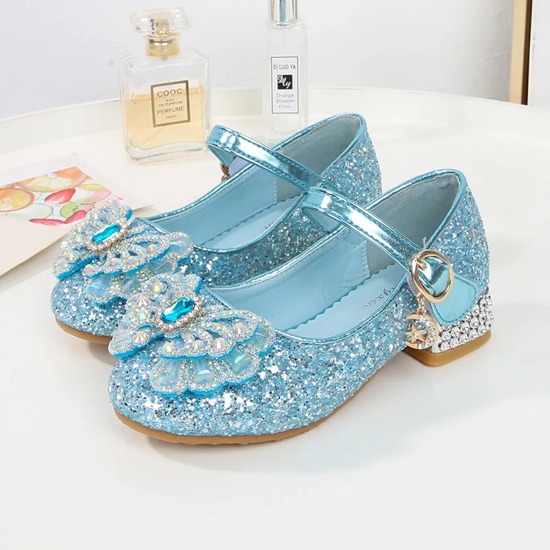 2024 New Children Leather Shoes For Girls High Heels Sequin Princess Bow Kids Dance Shoes Attend A Evening Party Shoes