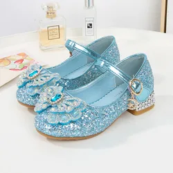 2024 New Children Leather Shoes For Girls High Heels Sequin Princess Bow Kids Dance Shoes Attend A Evening Party Shoes