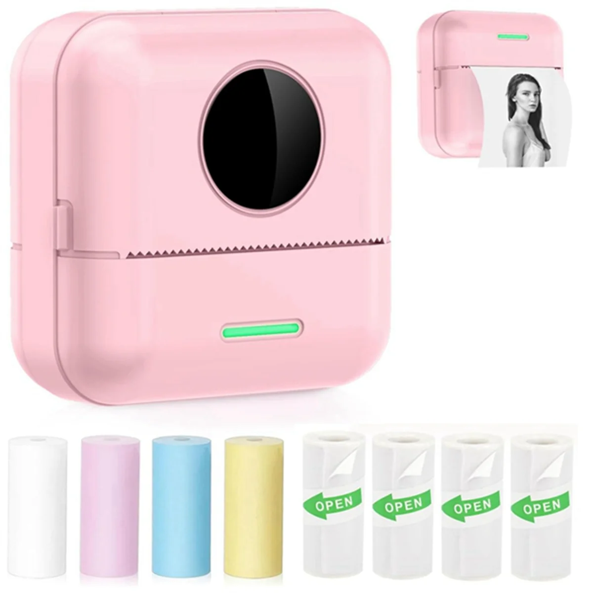 Mini Thermal Printer, Portable Inkless Sticker Maker Printer with 8 Rolls Continuous Paper, Pocket Photo Printer, Pink