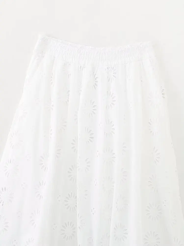 Dave&Di Moroccan Retro Skirt Hollow Embroidery High Waist Midi White Ladies Cotton Casual Skirt Womens