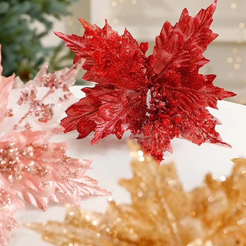 26 cm große Weihnachts-Glitzer-Weihnachtsstern-Blume, große Beflockung, simulierter Blumenkopf, Pailletten, realistische Weihnachtsbaumschmuck