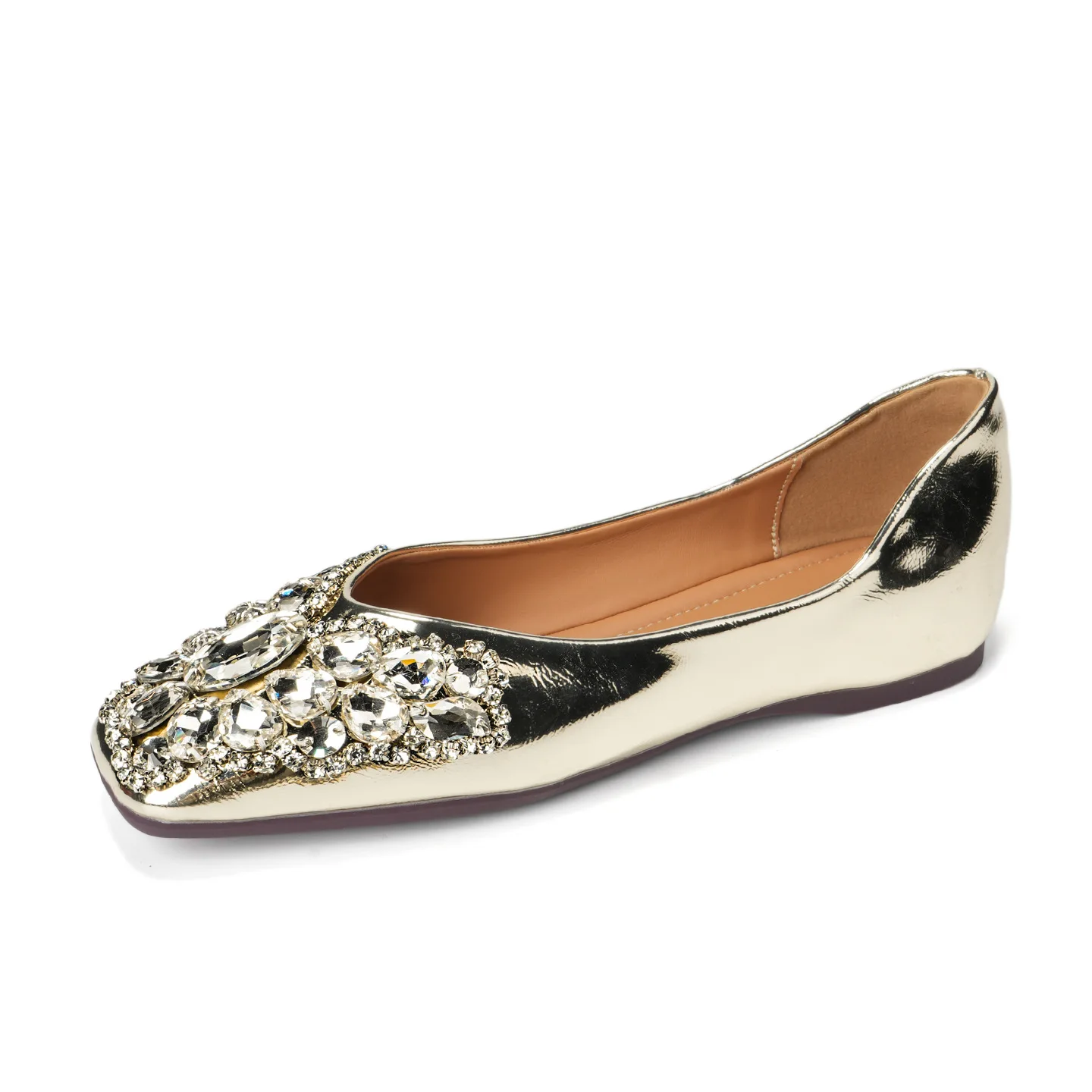 French Square Toe Flats with Rhinestone Strap Soft Leather Slip On Elegant Office Lady Shoes