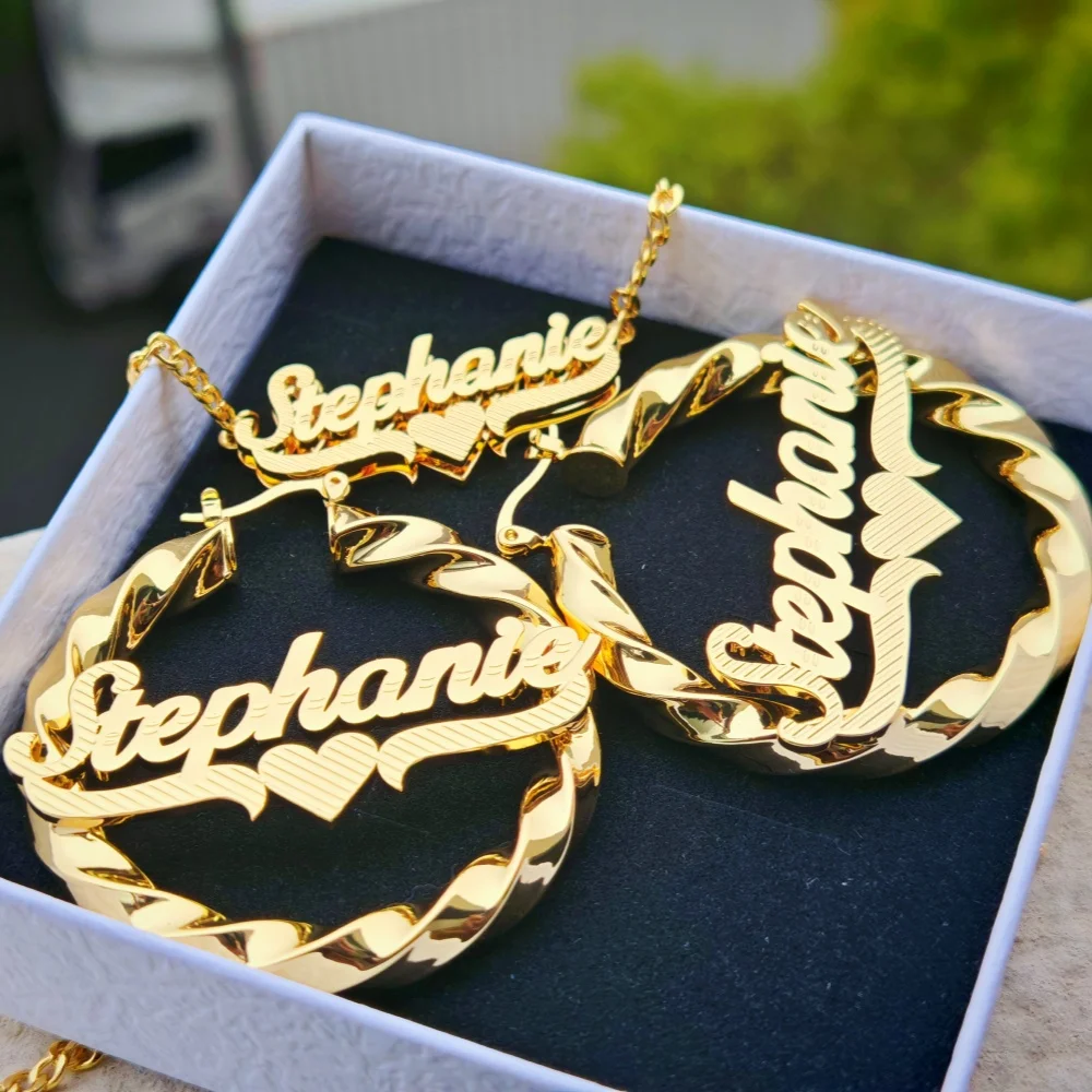 LeeChee Two Color Tone Custom Name Letter Necklace 50mm Twist Hoop Earrings Hiphop Stainless Steel Jewelry Set For Her