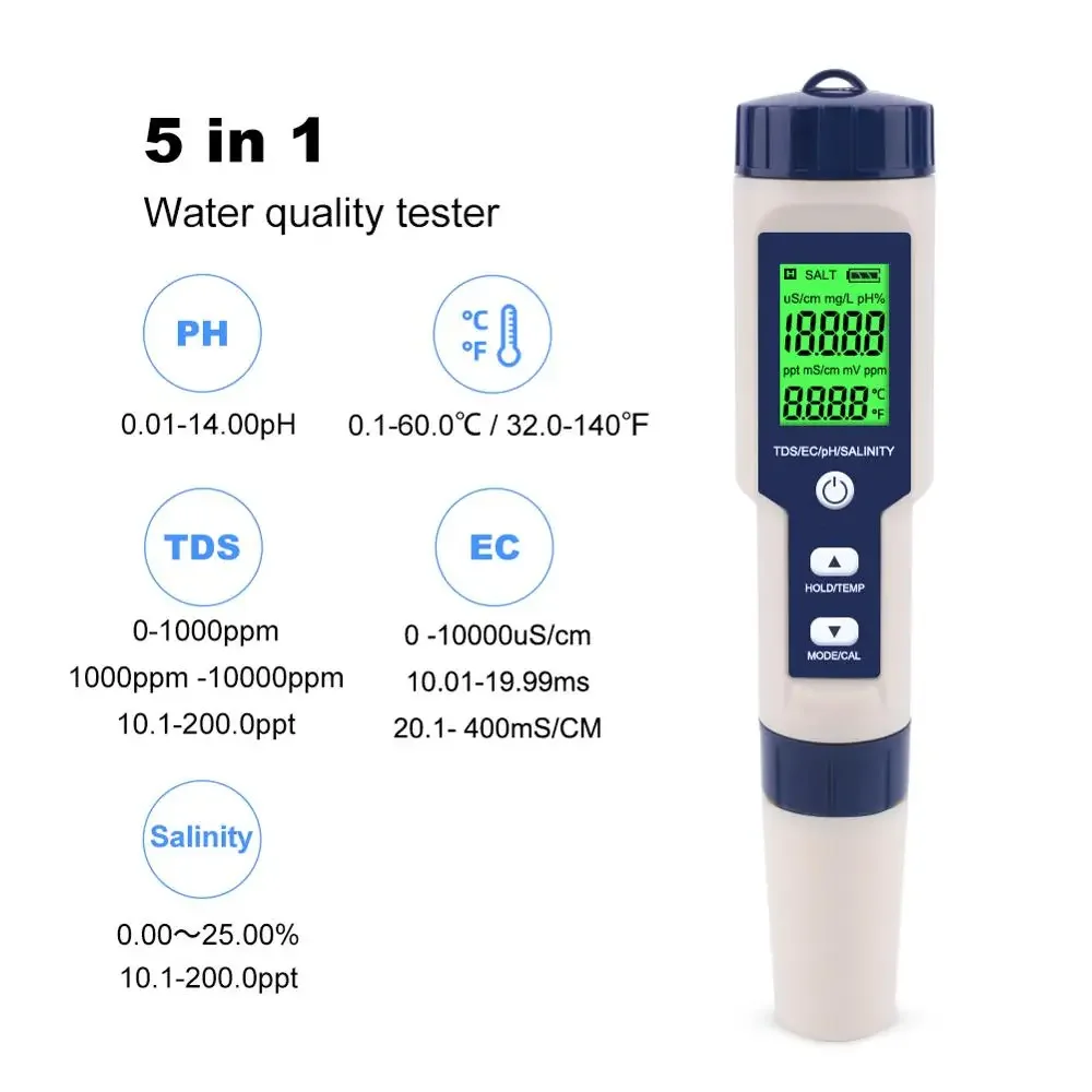 

Newest 5 in 1 TDS/EC/PH/Salinity/TEMP Water Quality Tester With Electrode Replaceable Can Measured Non-sea Salinity