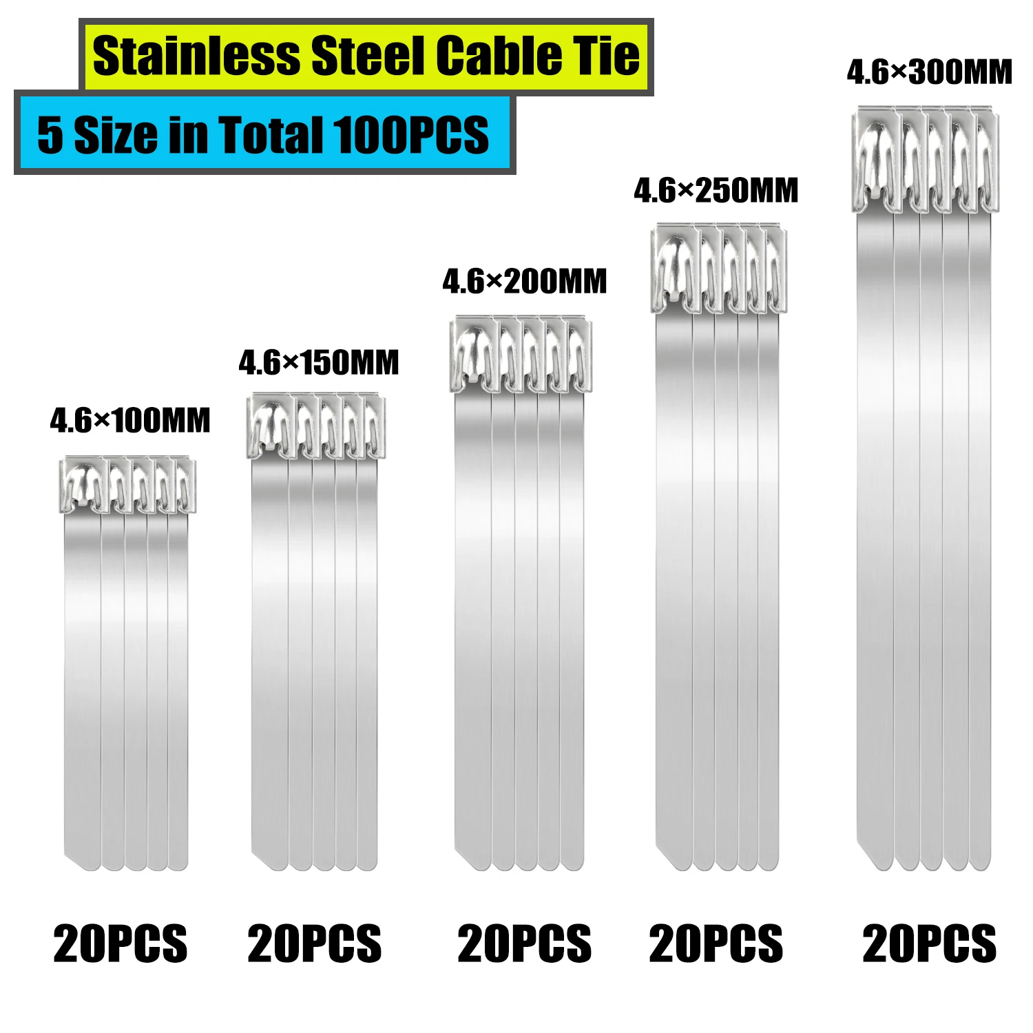 100PCS  5 Sizes 304#Stainless Steel Cable Ties 4.6mm Heavy Duty Self-Locking Cable Zip Tie Multi-Purpose Metal Exhaust Wrap Lock