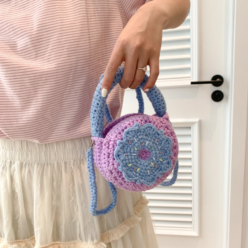 Cute Round Bag Casual Mini Phone Crossbody Bag For Lady Girl Woolen Crochet Knitting Bag Women Handmade Woven Sling Shoulder Bag