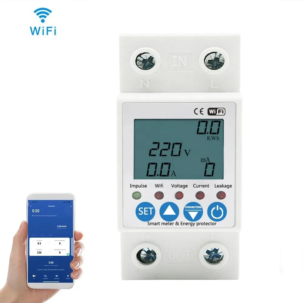 WiFi Smart Circuit Breaker Earth Leakage Over Under Adjustable Voltage Protector Relay/Energy Power KWh Meter