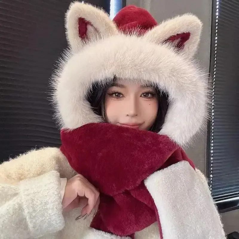 Set Sarung Tangan Syal Topi Tebal Baru, Topi Beanie Wanita Berbulu Lembut untuk Menghangatkan, Topi Pelindung Telinga Anti Angin dengan Telinga Rubah untuk Bersepeda