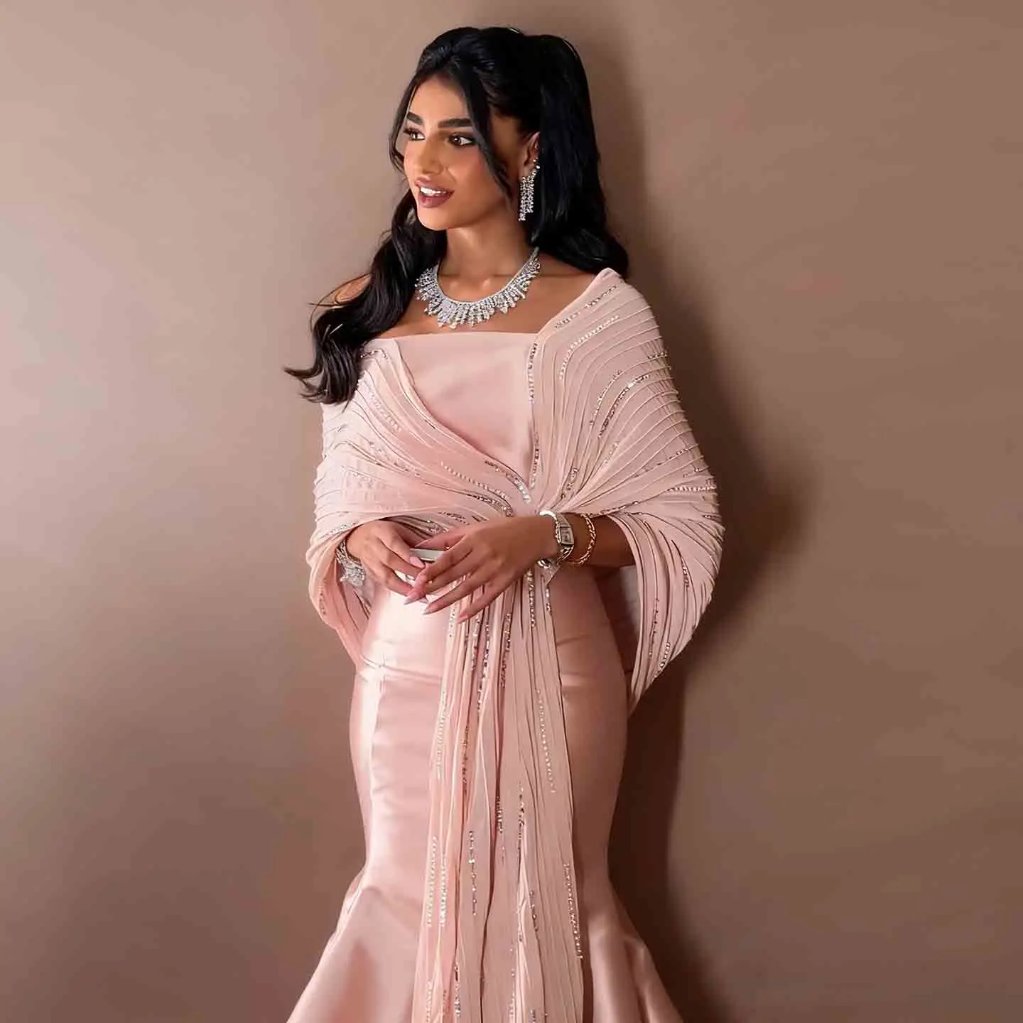 

Элегантное вечернее платье русалки Sharon Said с накидкой, расшитое бисером и блестками, атласными оборками, женские свадебные платья SF396 по индивидуальному заказу