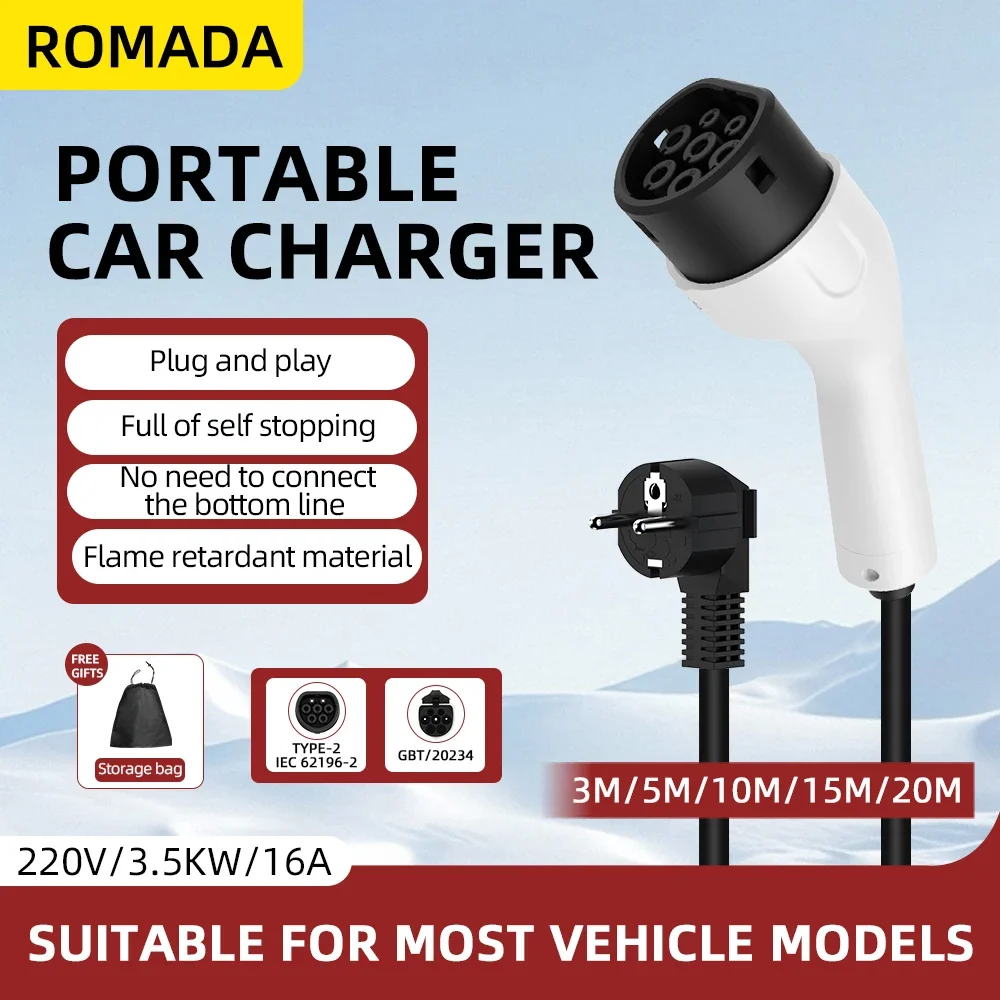 Type2 IEC62196 EVSE EU Plug 3.5KW 16A EV Portable Charger 3M 5M 10M 15M 20M Cable Wallbox Adapter For Electric Vehicle