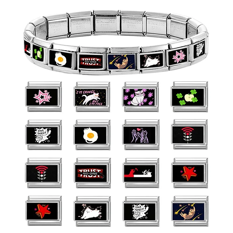 New Black Sky Meteor Cat Stars Charm Bracelet Italian Charm Links Fit 9mm Bracelet Stainless Steel Making DIY Jewelrys Wholesale