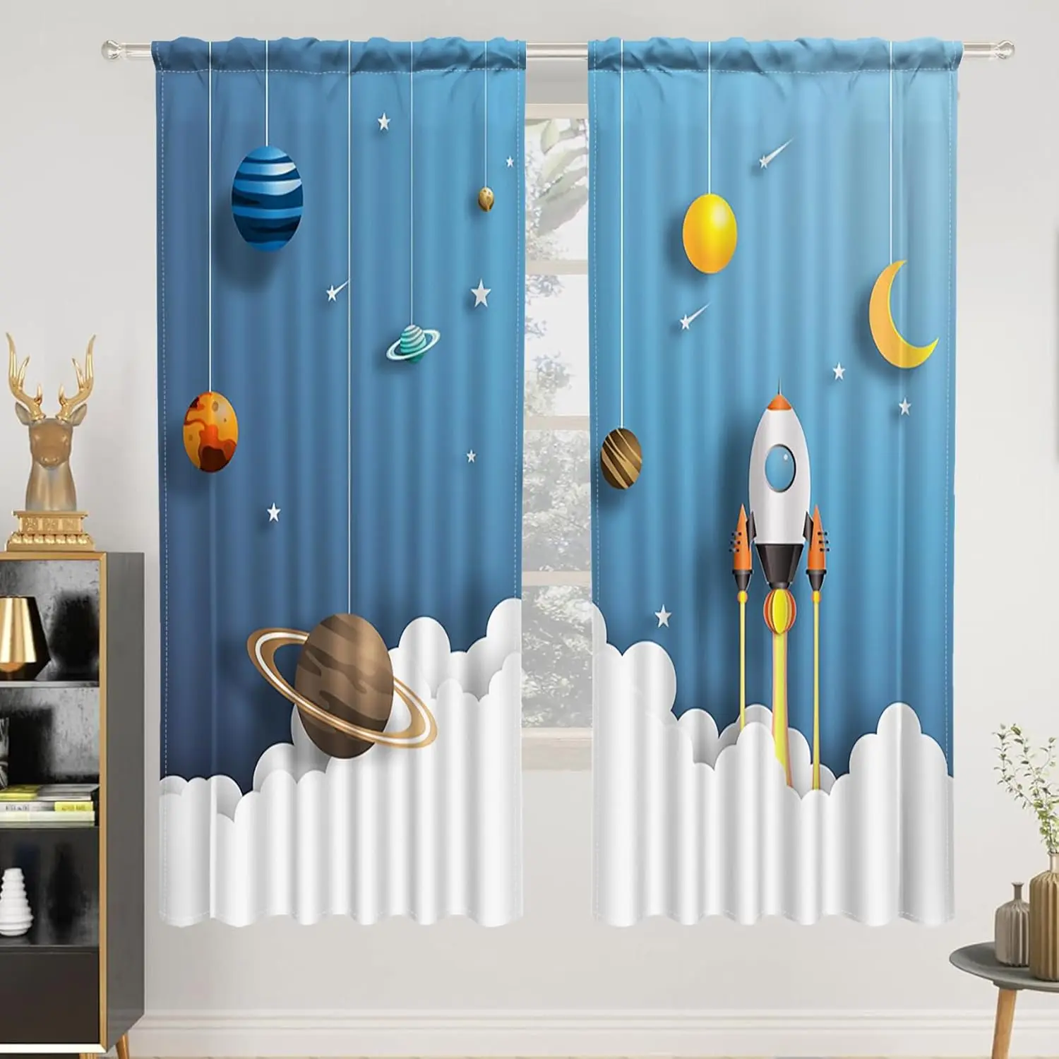 Cartoon Space Blackout Curtains for Kid Boy Bedroom Study Game Room Rocket Planet Solar System Blue Linen Window Treatment