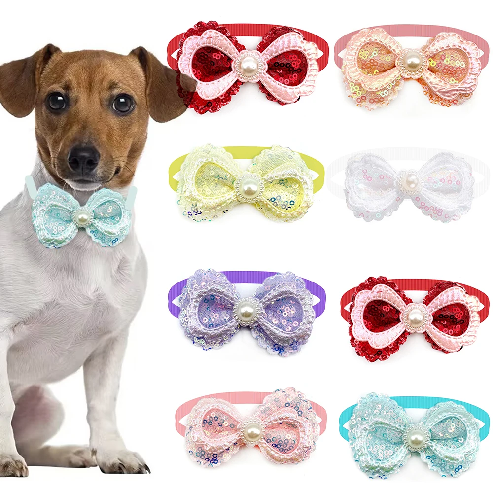 30pcs Pet Bow Tie Sequin Style with Pearl Pet Supplies Small Dog Bowtie Pets Dog Cat Bowties Small Dog Grooming Accessories