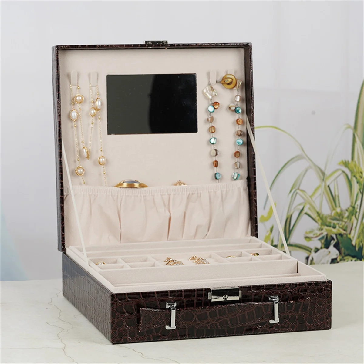 CGG-New 3-Layer Jewelry Box with Lock Pu Leather Earring Box Ring Jewelry Box Jewelry Display Box Jewelry Box Black