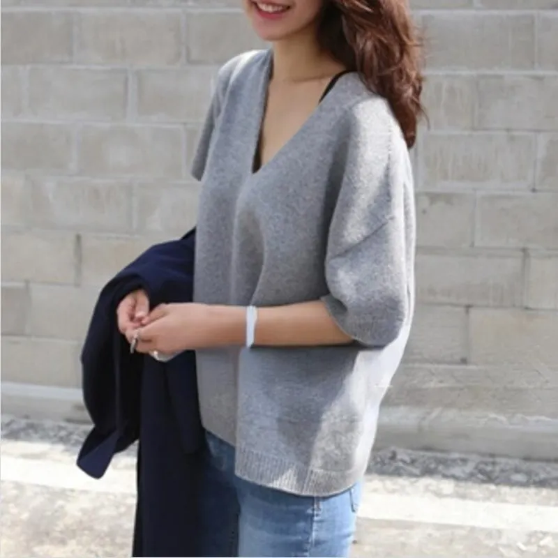 Tailor Sheep Short Sleeve Sweater Women's Knitted V-Neck Wool Pullover Loose Tops Basic Solid Color Soft Blouse