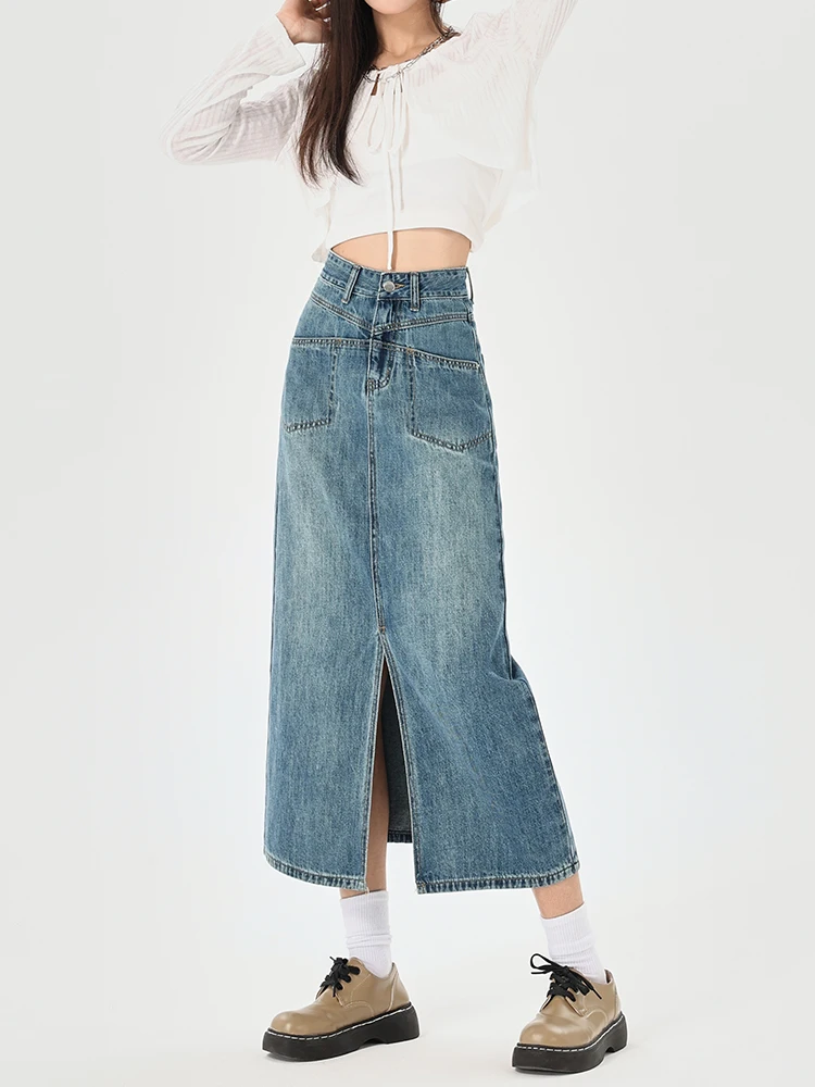 Denim Skirts Women Ankle Length Office Lady All-match High Waist Slit Criss-cross Spring 2023 Korean Style Simple A-line Fashion