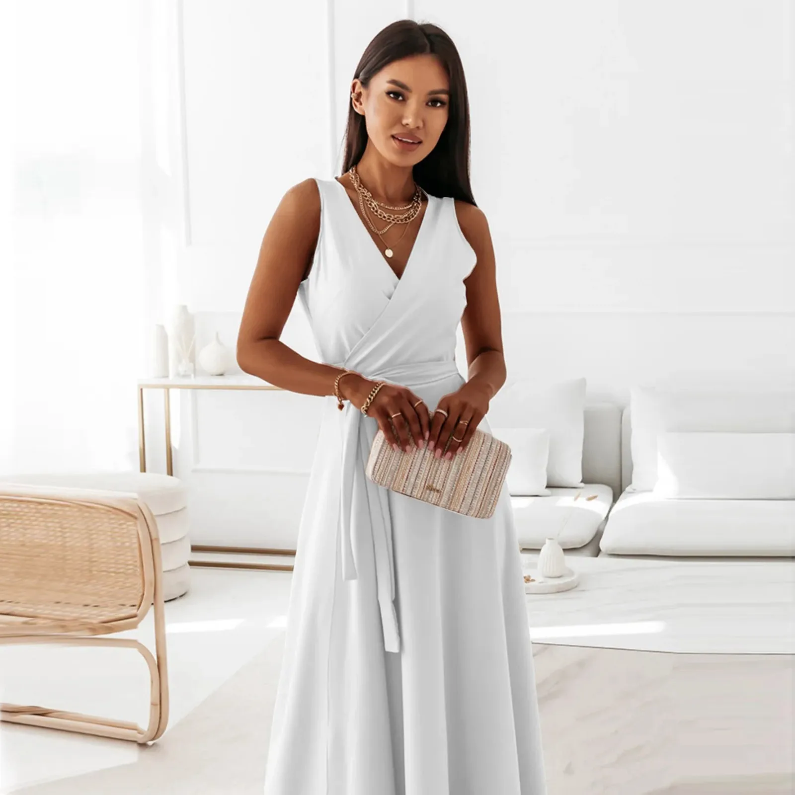 Elegant Party Dresses For Women 2024 Solid Color V Neck Sleeveless Swing Maxi Long Dress Cocktail Party Evening Dress