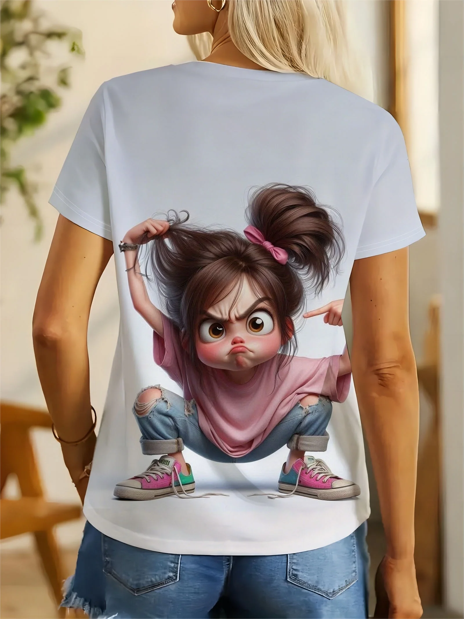 Women Trendy Novelty Graphic T‑Shirt, Playful Moody Cartoon Girl Messy Bun Bow Design Short Sleeve Crew Neck Daily Tee