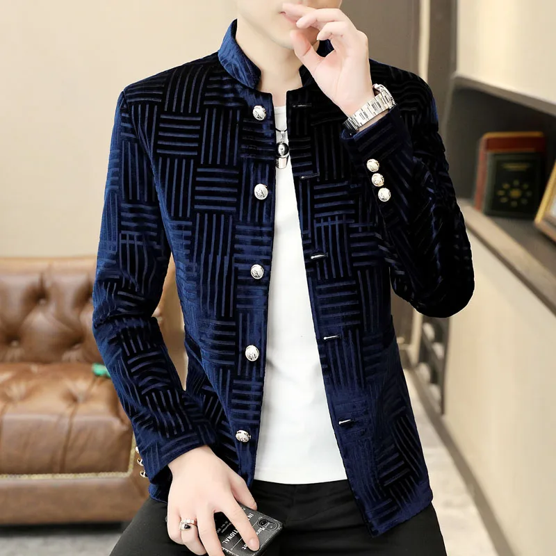 

Luxury Velvet Mens Blazers Slim Fit Elegant Mandarin Collar Fashionable Jackets For Mens Velour Stylish Clothing Silver Blue