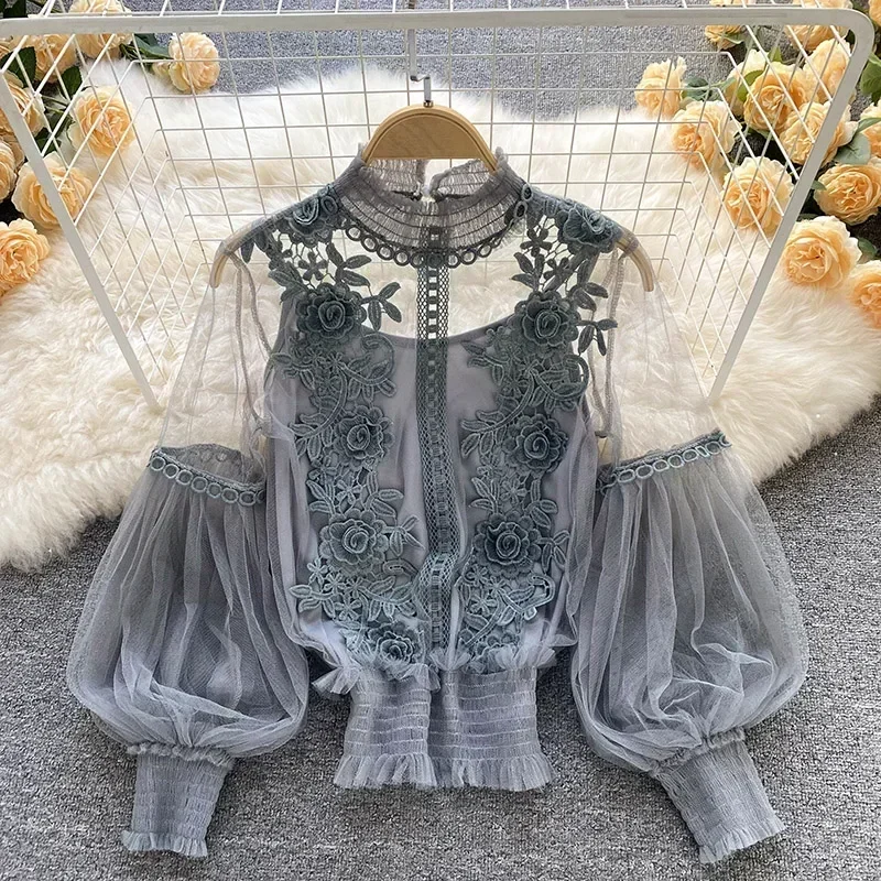 Autumn Korean Sweet Loose Clothes Lace Up Ruffled Women Blouses Fashion Stand Collat Ladies Tops Vintage Lace Shirts Women