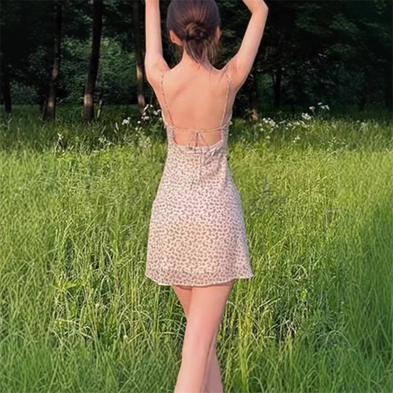 Retro-Blumendruck, schmale Passform, rückenfrei, V-Ausschnitt, durchsichtiges Netz, Spaghettiträger, Sommerkleid, eleganter Stil, sexy Damen, lässig, Party