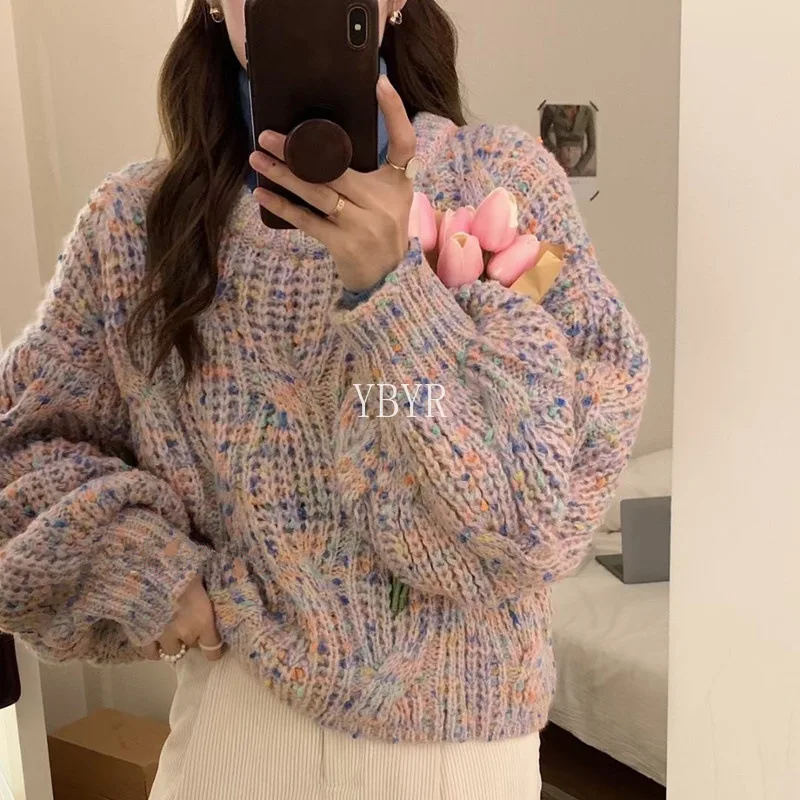 Colorful Chunky Twist Sweater Women Hedging Outwear Tops Loose Knitted Sweaters Long Sleeves Female Winter Clothing Round Neck