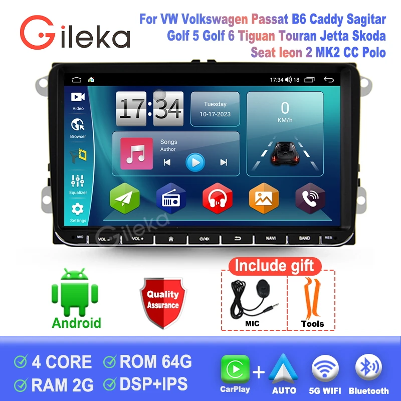 Radio Android Auto para VW Volkswagen Passat B6 Caddy Sagitar Golf 5 Golf 6 Tiguan Touran Jetta Skoda Seat Leon 2 MK2 CC Polo