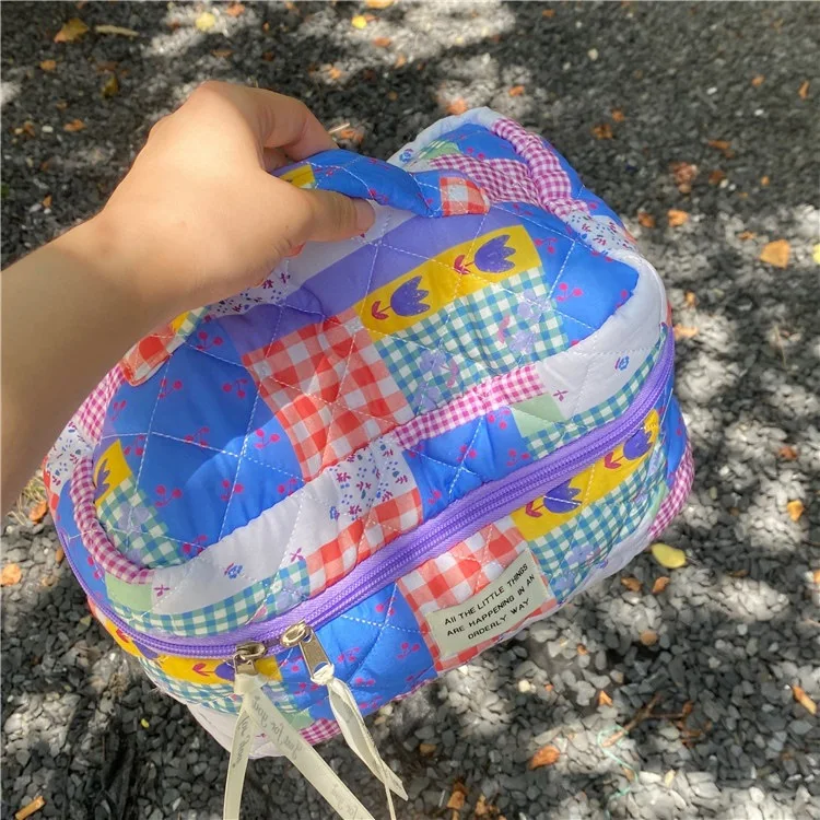 Vintage Women Cosmetic Bags Large Capacity Ladies Storage Bag Casual Travel Female Portable Toiletry Bag Splicing Plaid Handbags