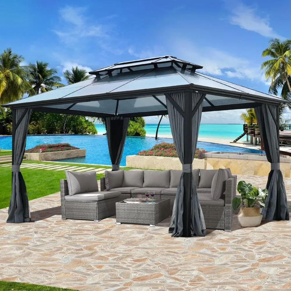 

10’ x 13’ with Curtains and Netting, Double Roof Outdoor Gazebo with Polycarbonate Canopy, Aluminum Frame Permanent Gazebo