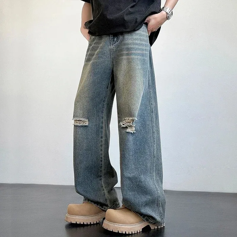 

Spring Fashion Streetwear Y2K Trousers Vintage Blue Men's Loose Ripped Jeans American Trendy Casual Hole Denim Pants Men Jeans