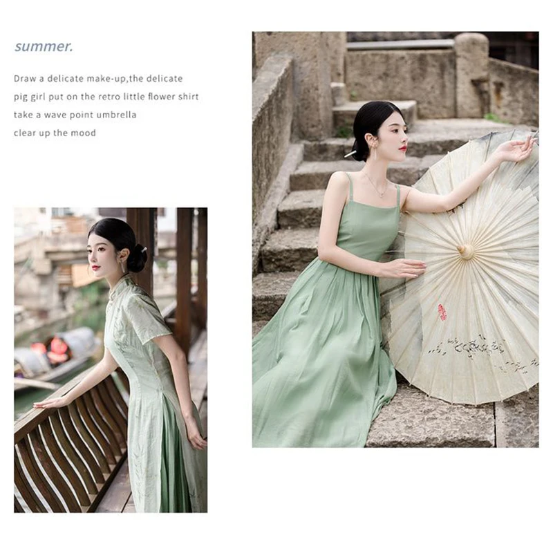 Retro Chinese Style Short Sleeve Qipao Two-piece Set Women New Chinese Style Green Improved Cheongsam Summer Long Dresses